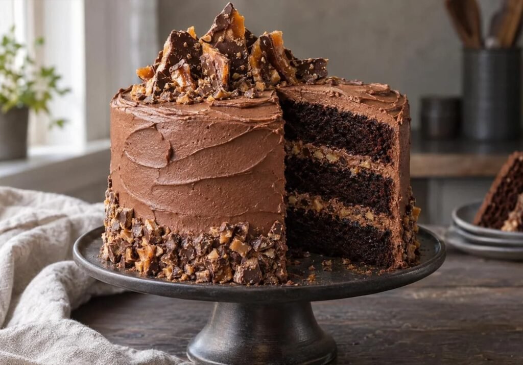Three-layer chocolate toffee crunch cake with creamy chocolate frosting, two layers of crunchy toffee filling, and chocolate-covered toffee pieces decorating the top.