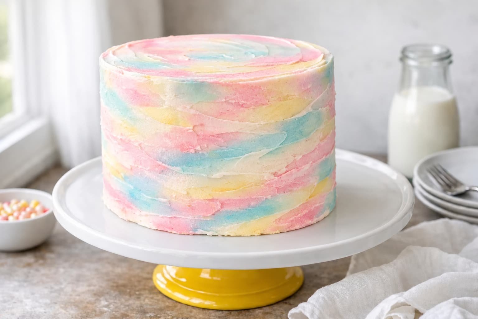 A sliced watercolor buttercream celebration cake showing three layers of vanilla cake and soft pastel pink, blue, and yellow buttercream swirls.