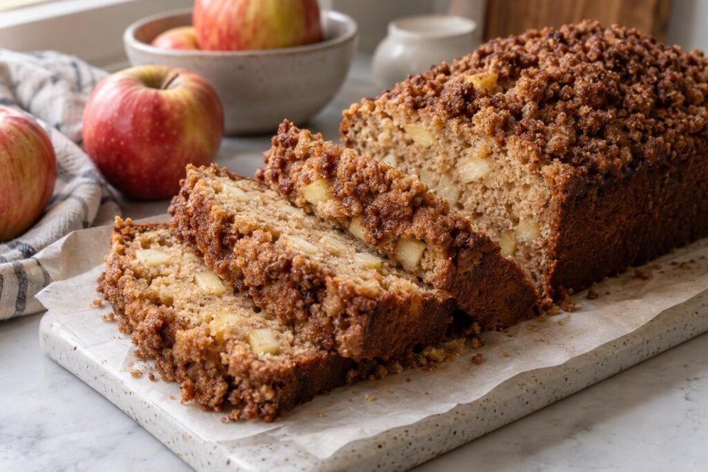 Apple cinnamon loaf cake with a golden streusel top and thick slices showing diced apples in a tender crumb.