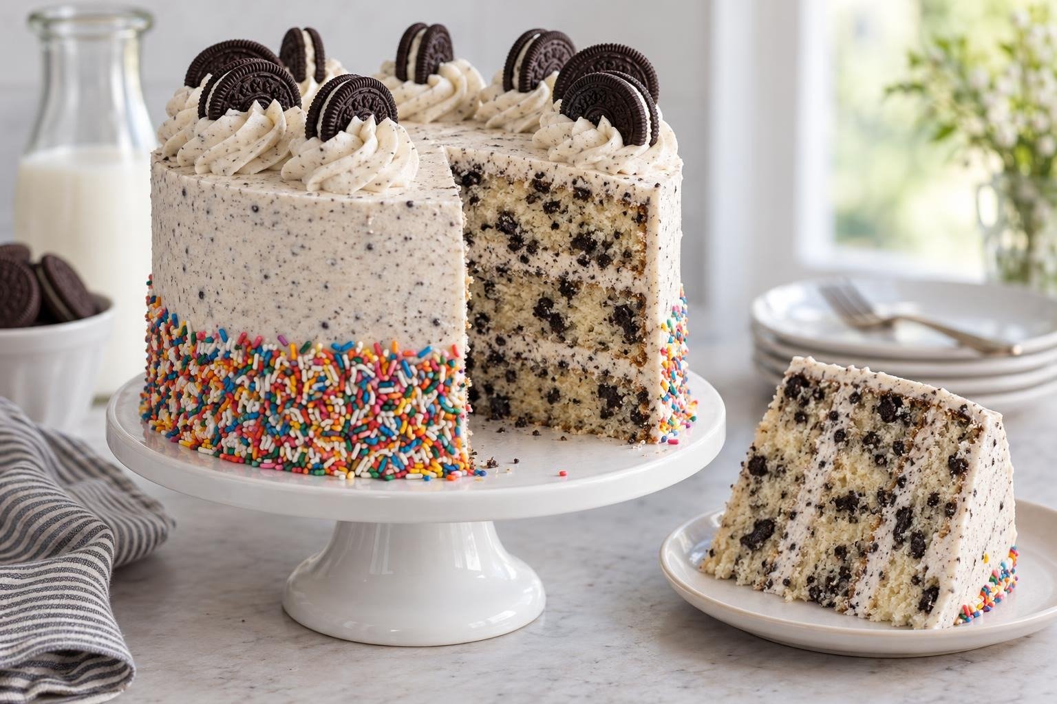 Three-layer cookies and cream birthday cake with speckled buttercream, rainbow sprinkles, cookie halves, and one slice removed