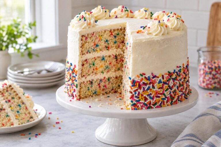 Three-layer rainbow sprinkle cake with vanilla buttercream, piped swirls, and colorful jimmies.