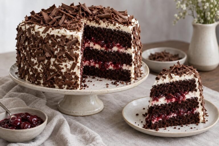 Three-layer Black Forest layer cake with sour cherry filling, mascarpone cream, and dark chocolate curls.