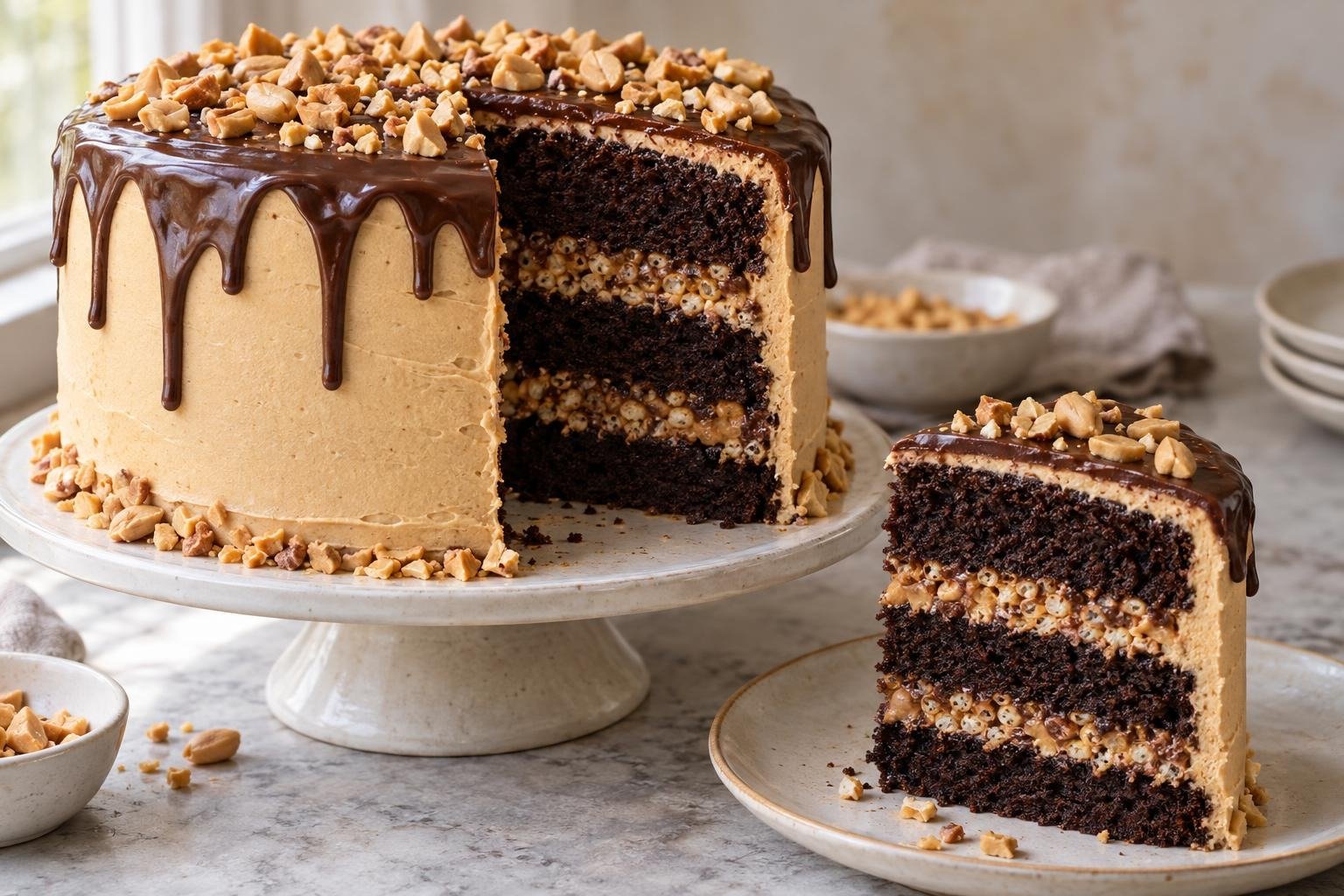 Sliced chocolate peanut butter crunch cake with crisp cereal layers, peanut butter frosting, chocolate ganache, and chopped peanuts.