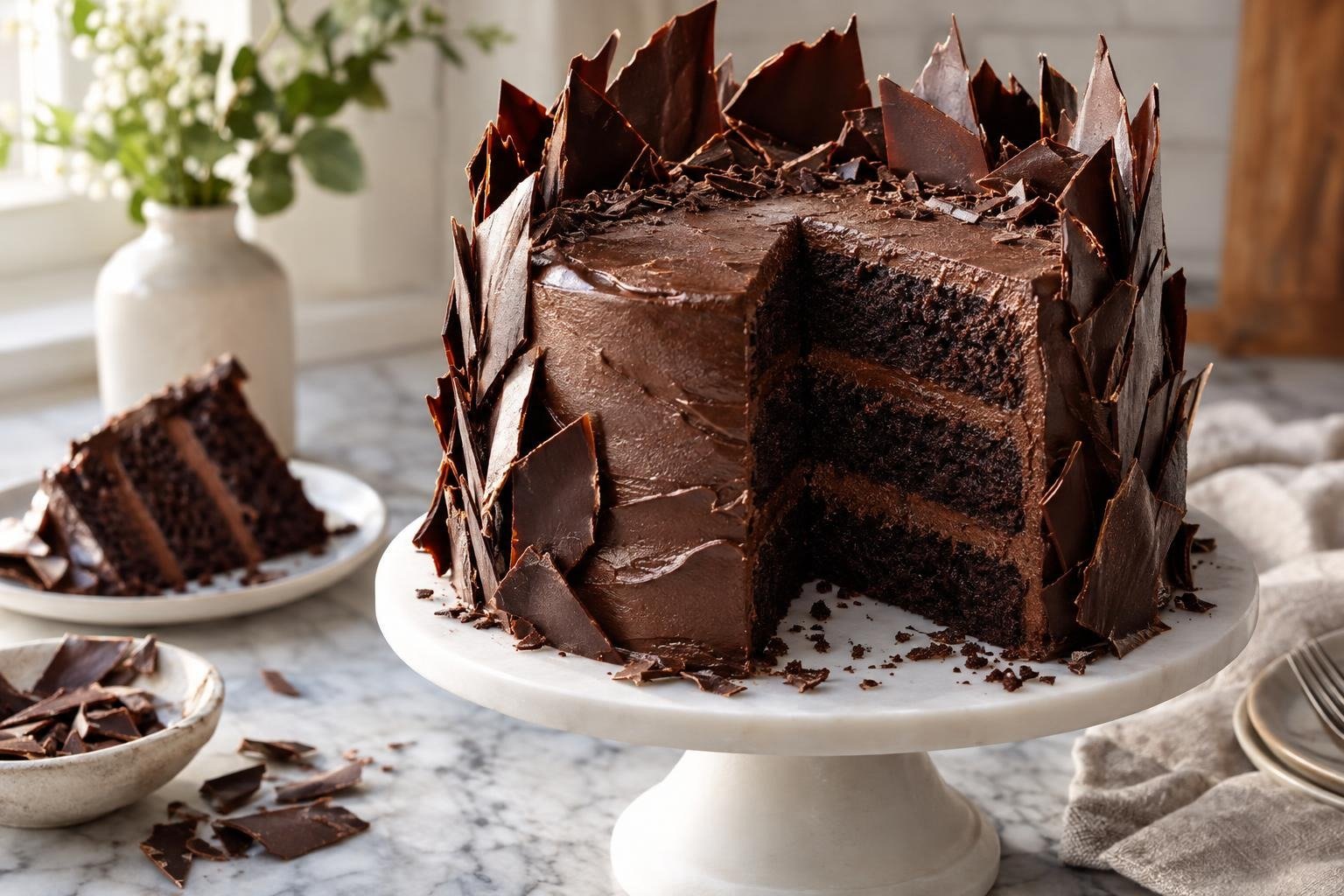 Chocolate shard celebration cake with dramatic chocolate shards and luscious buttercream on cake stand
