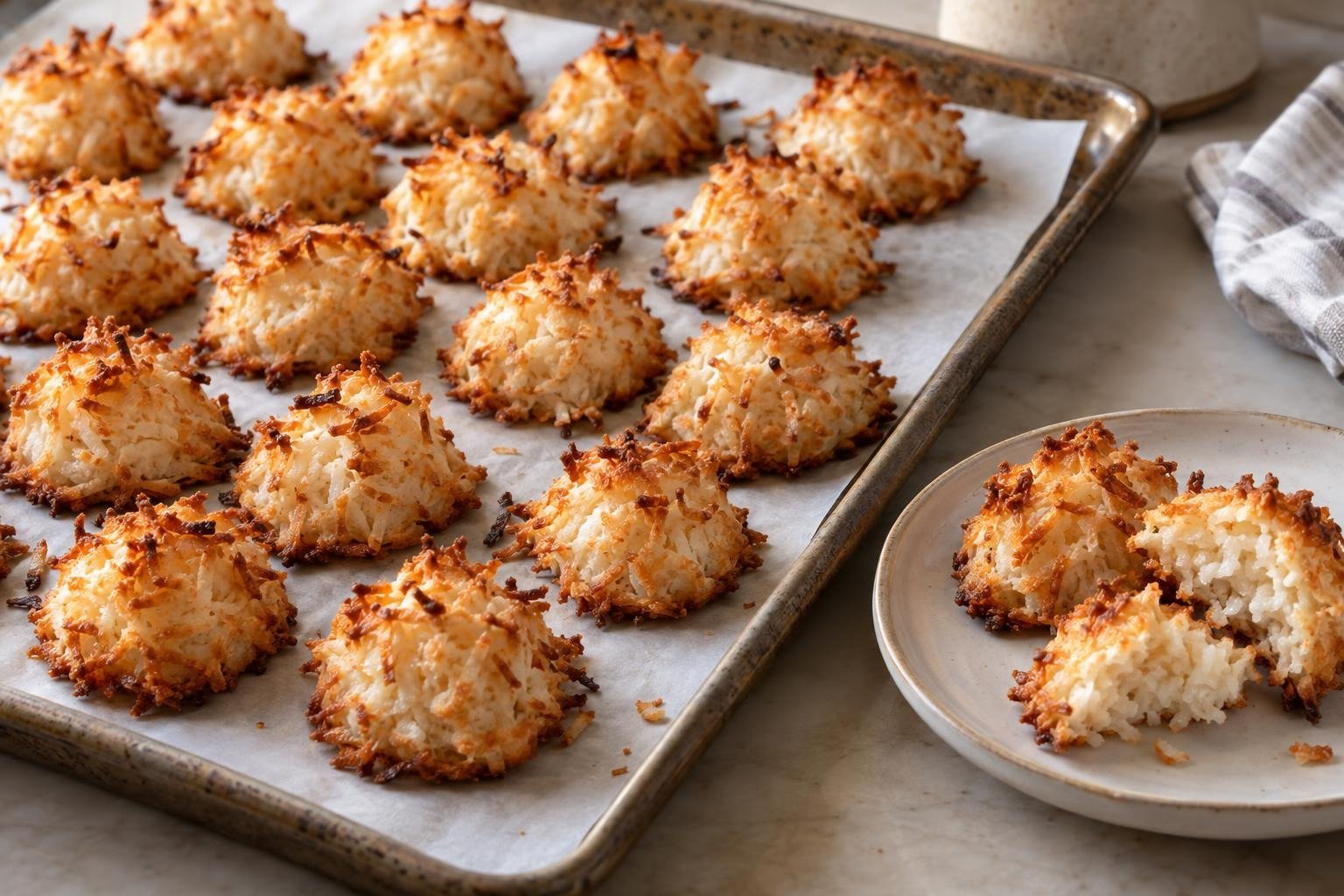 Golden coconut macaroons with crisp toasted ridges and chewy centers on a parchment-lined baking sheet