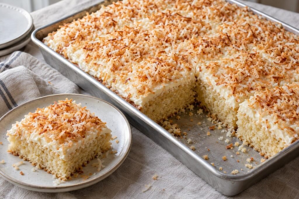 Coconut sheet cake with cream cheese frosting and toasted coconut in a 13 x 18-inch sheet pan