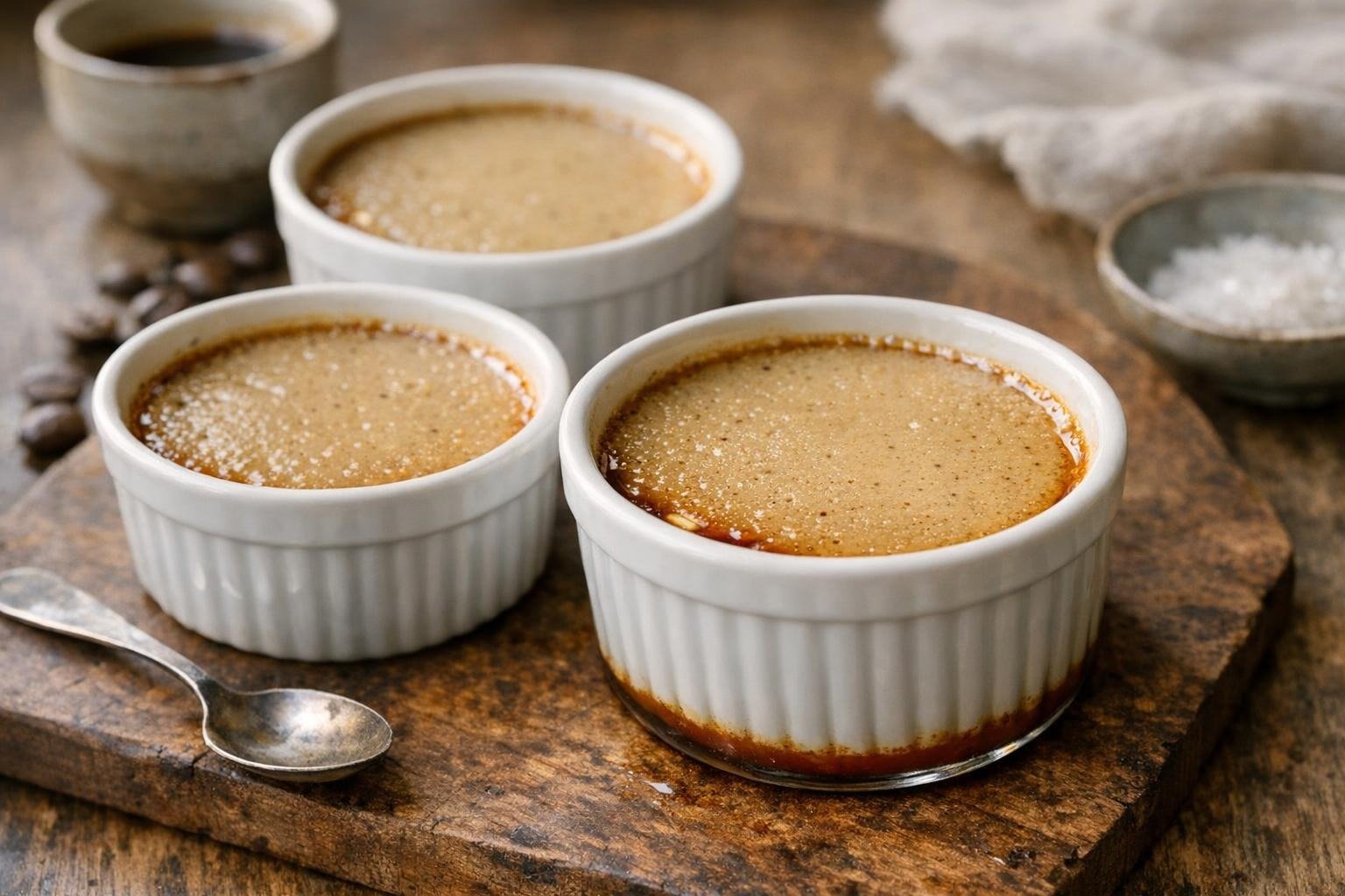 Coffee baked custard in ramekins with caramel base, creamy smooth texture, coffee color, on a wooden board.
