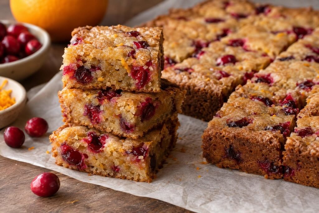 Cranberry orange blondies with buttery golden centers and visible tart cranberries cut into clean bars.