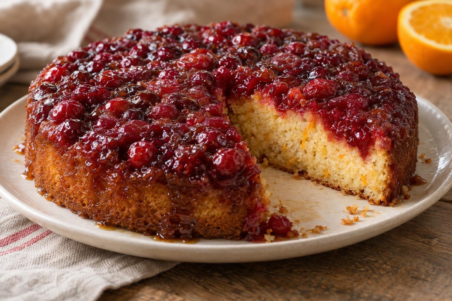 Cranberry orange upside-down cake with glossy caramelized cranberries and a tender orange crumb