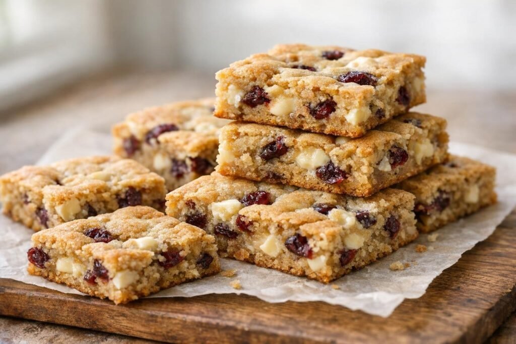 Neat squares of cranberry white chocolate cookie bars on parchment showing cranberries and white chocolate chunks.