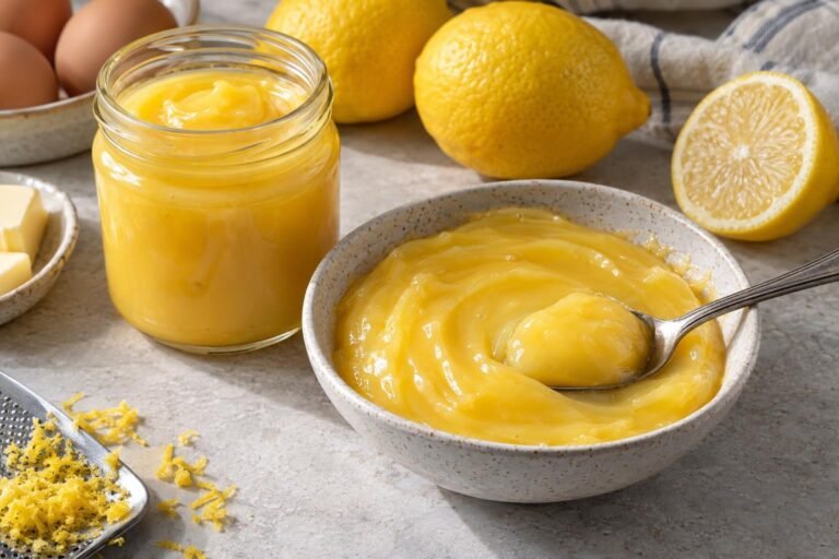 Smooth lemon curd with whole eggs in a glass jar and bowl beside fresh lemons