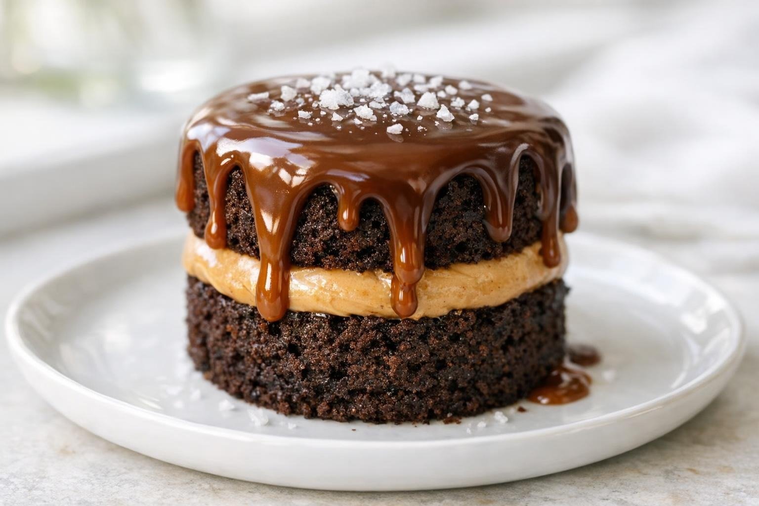 Mini chocolate caramel drip cake with glossy caramel chocolate drip and caramel buttercream on a white plate, topped with flaky sea salt.