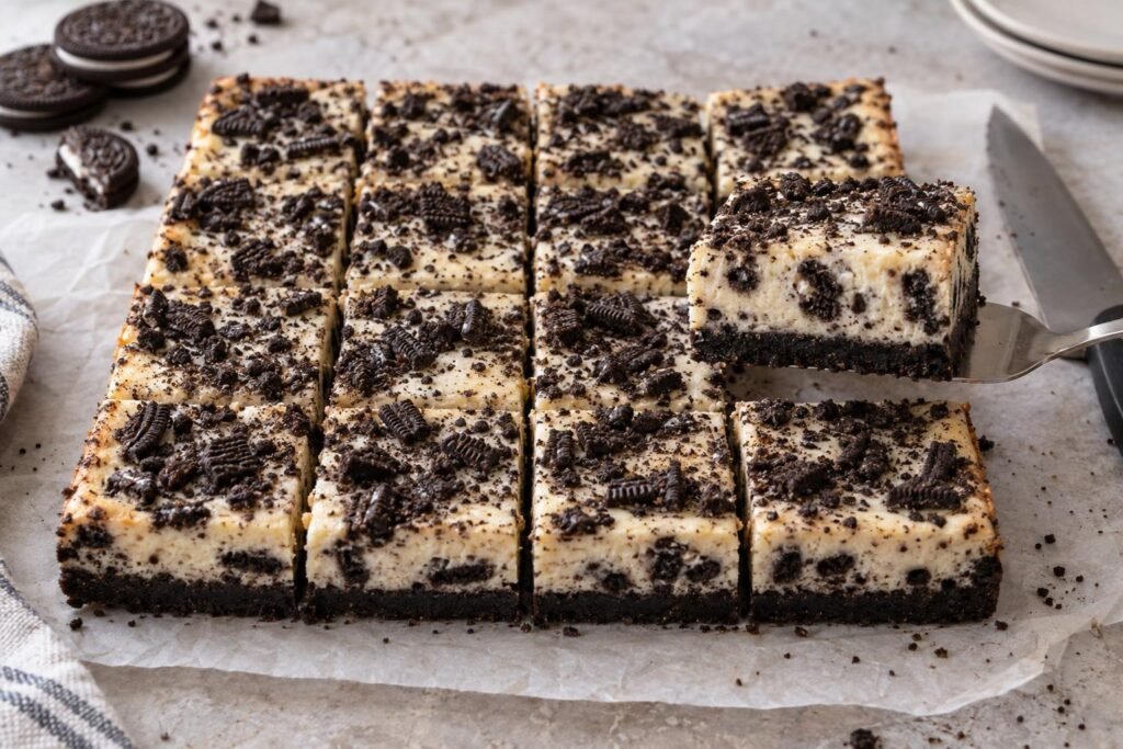 Oreo cheesecake bars with a dark cookie crust, creamy cookie-filled center, and cleanly cut edges.
