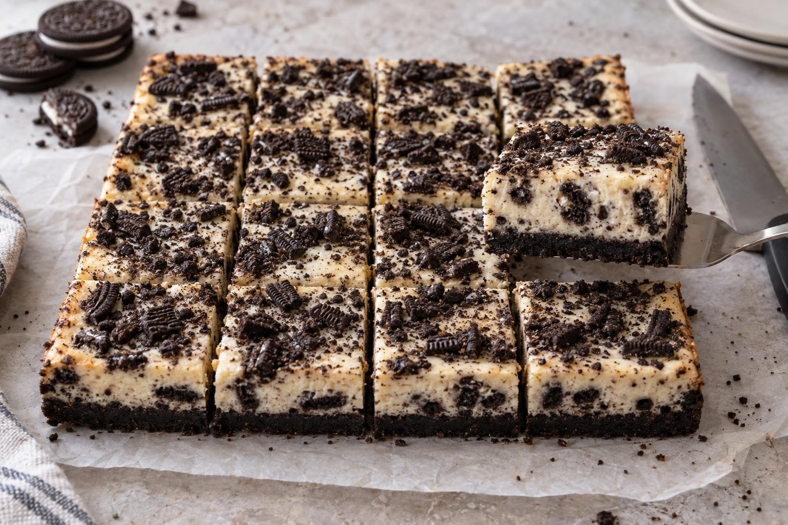 Oreo cheesecake bars with a dark cookie crust, creamy cookie-filled center, and cleanly cut edges.