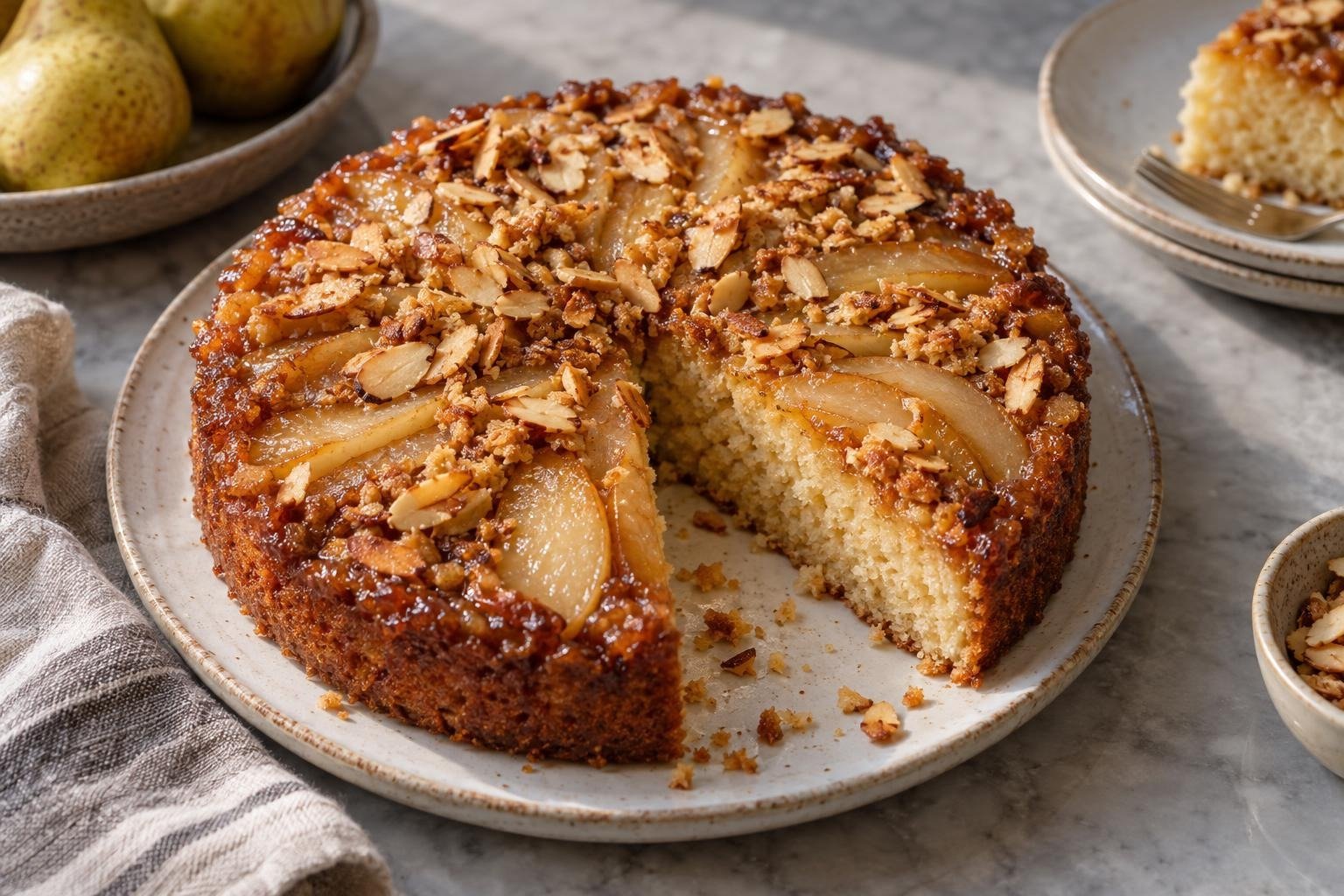 Pear almond upside-down cake with caramelized pear slices and toasted almond crumb on a ceramic plate