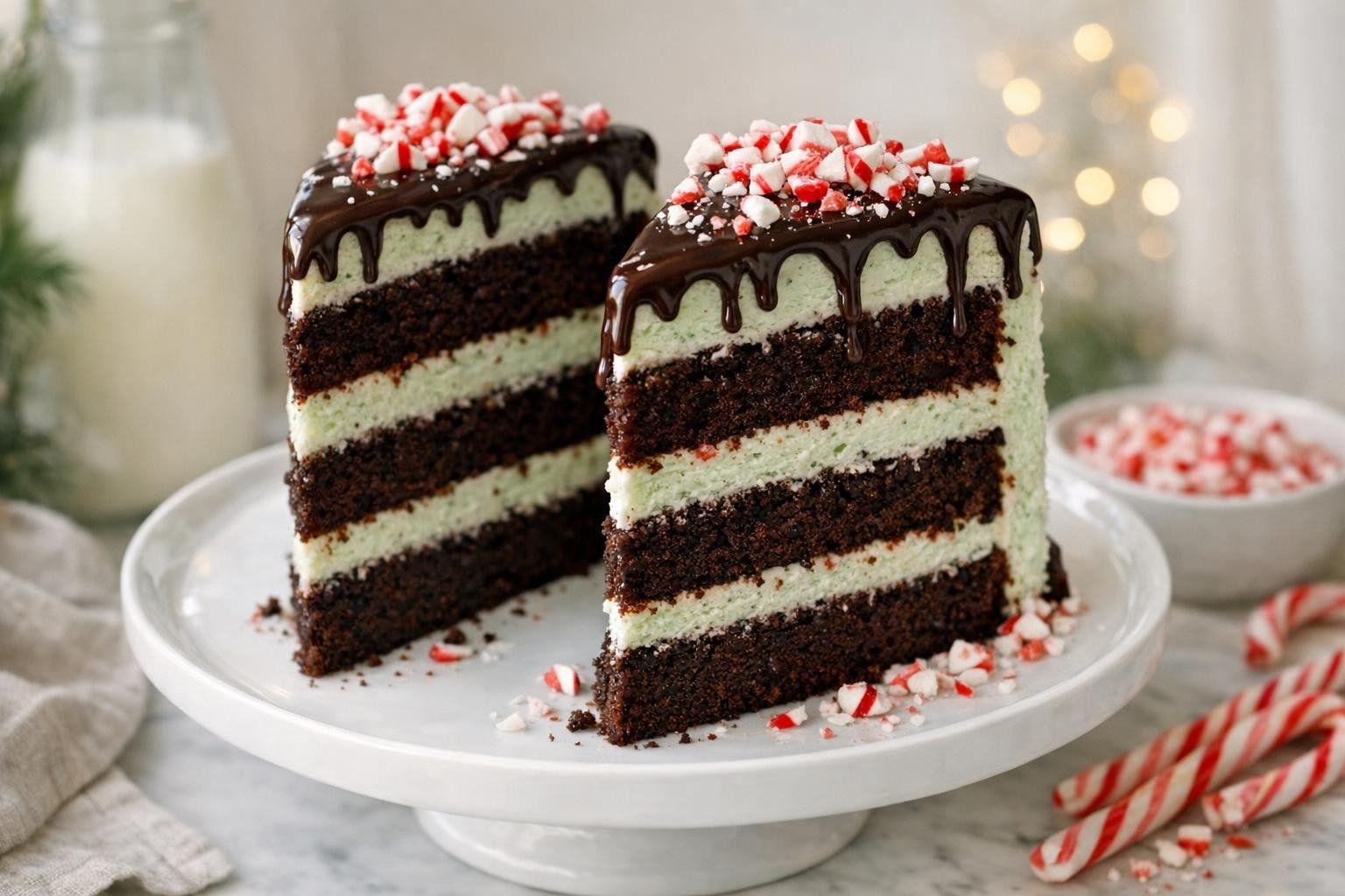 A festive slice of peppermint chocolate Christmas cake with mint buttercream, ganache drip, and candy cane sprinkles.