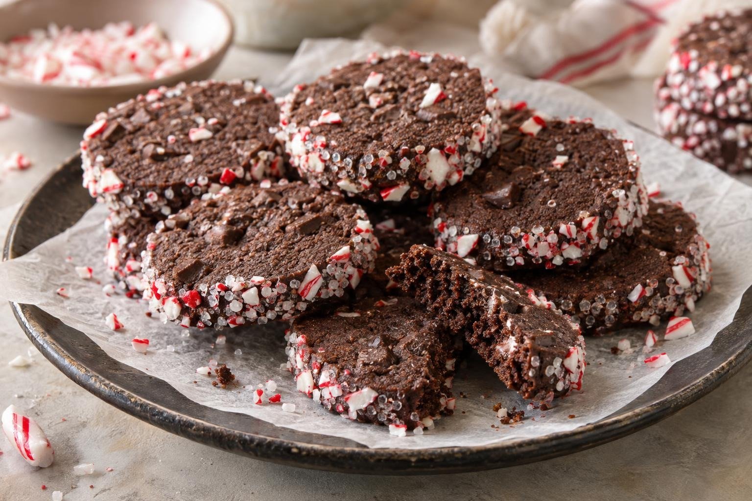 Peppermint chocolate slice-and-bake cookies with crushed candy rims and chewy cocoa centers
