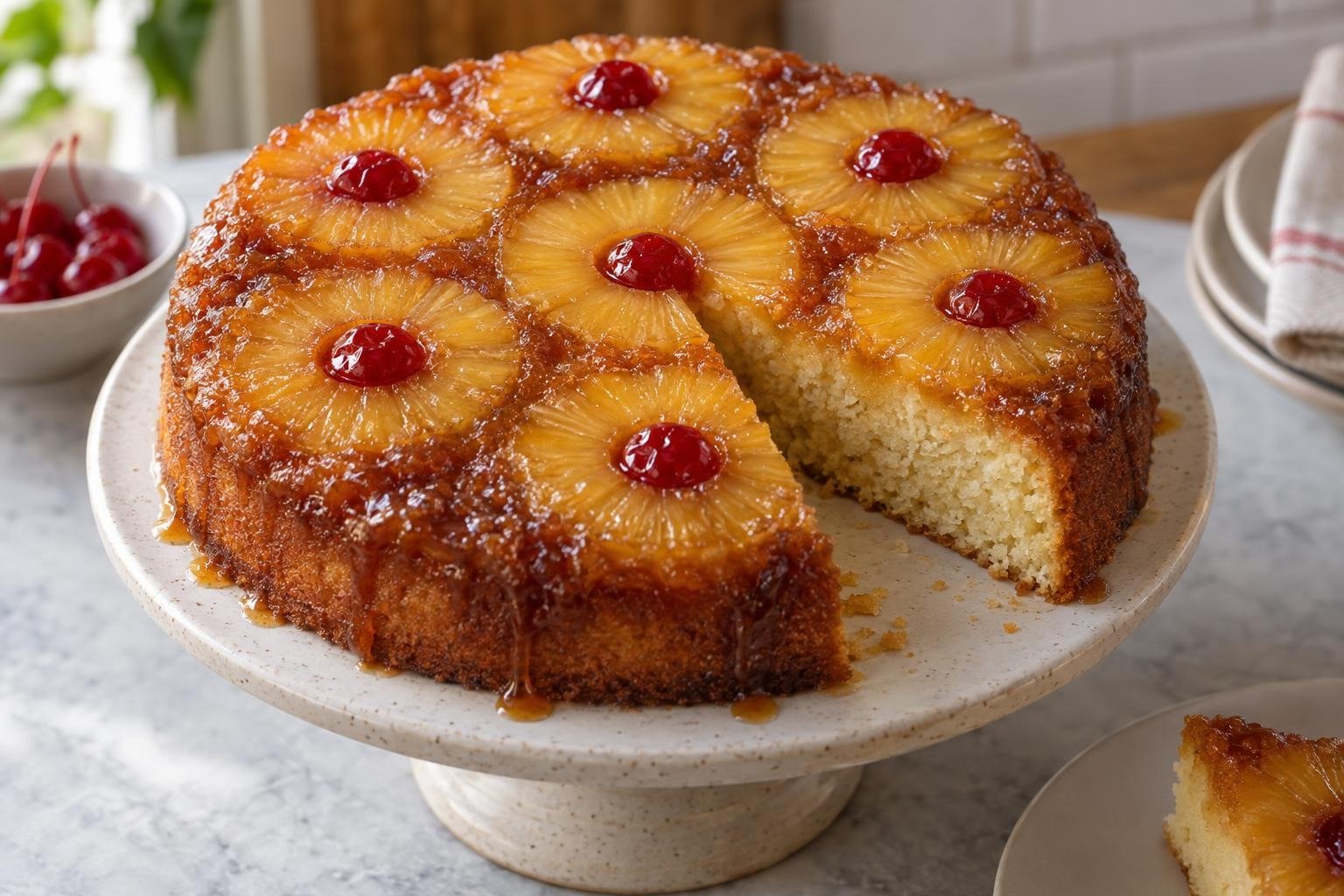 Pineapple upside-down cake with golden caramelized rings, red cherries, and one slice showing the tender vanilla crumb.