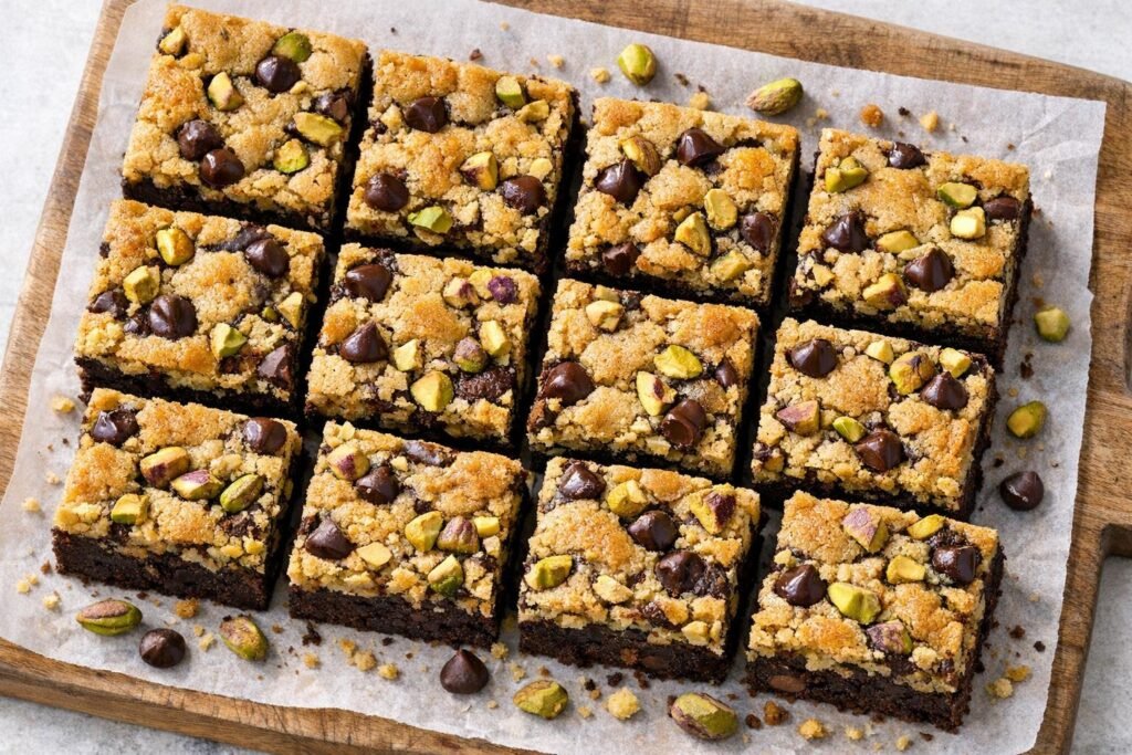 Sliced pistachio brookie bars showing golden pistachio cookie top and fudgy brownie bottom, with whole pistachios scattered.