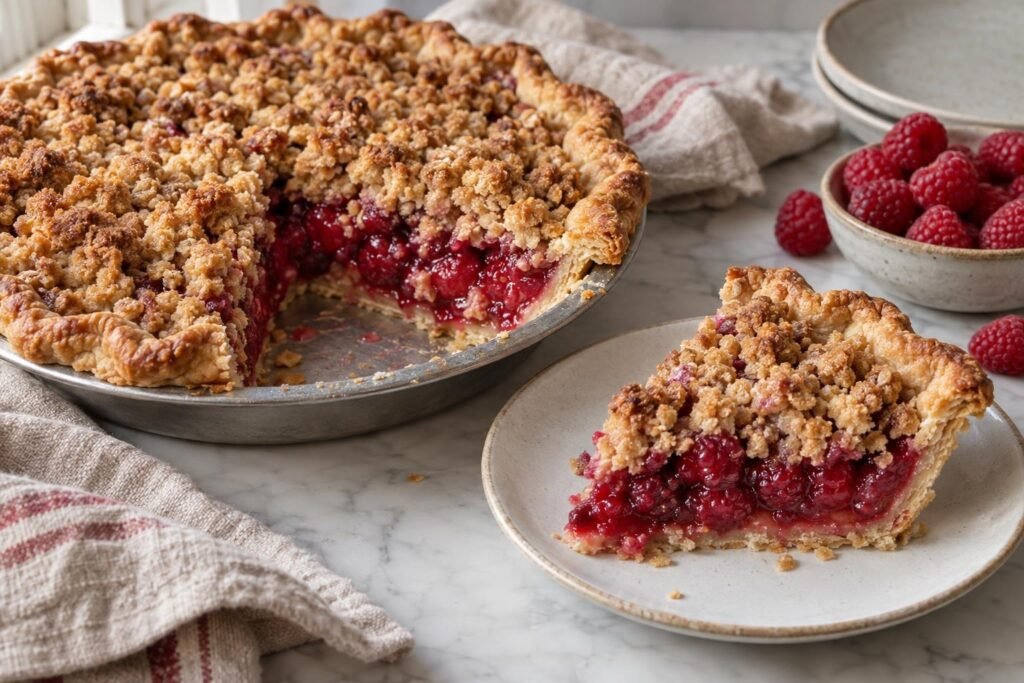 Raspberry crumb pie with golden buttery streusel and a slice showing the juicy berry filling and flaky bottom crust