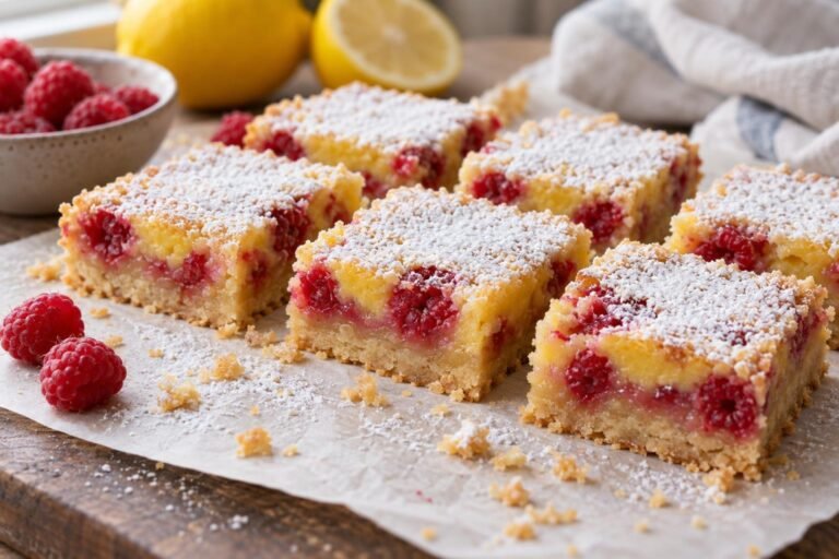 Sliced raspberry lemon bars with golden shortbread crust, vibrant lemon filling, and raspberries, dusted with powdered sugar.