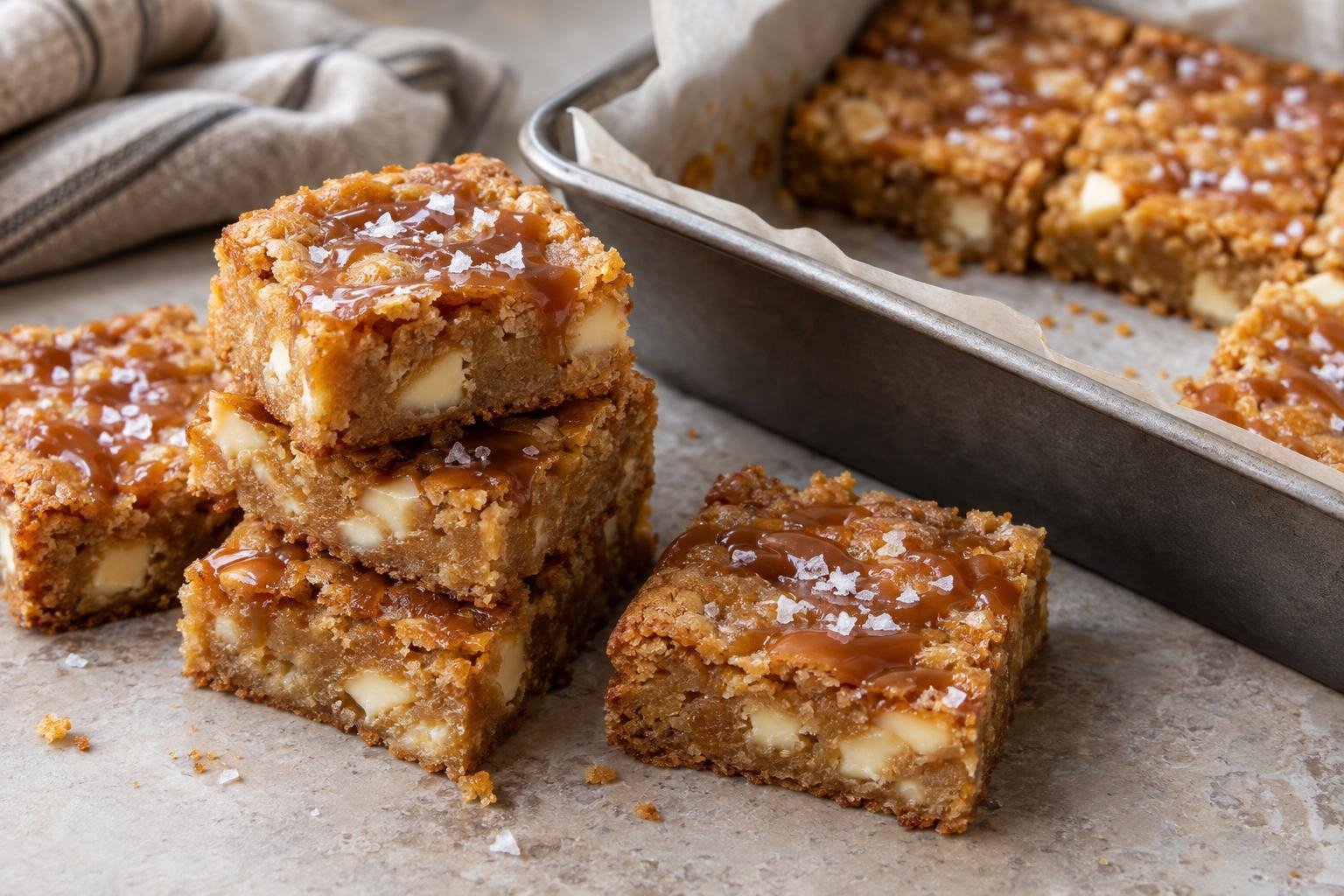 Soft salted caramel blondies with white chocolate pockets, caramel swirls, and flaky sea salt cut into square bars.