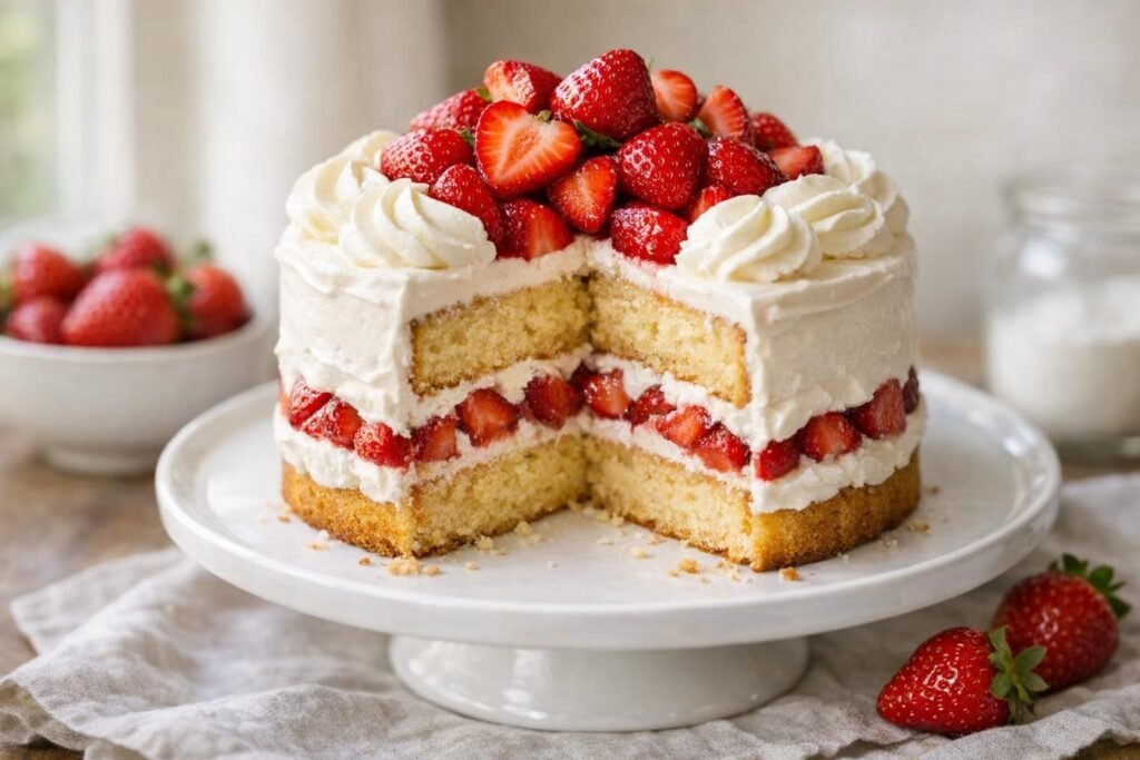 A small strawberry shortcake layer cake with fresh cream and strawberries, sliced to reveal juicy fruit and soft layers.