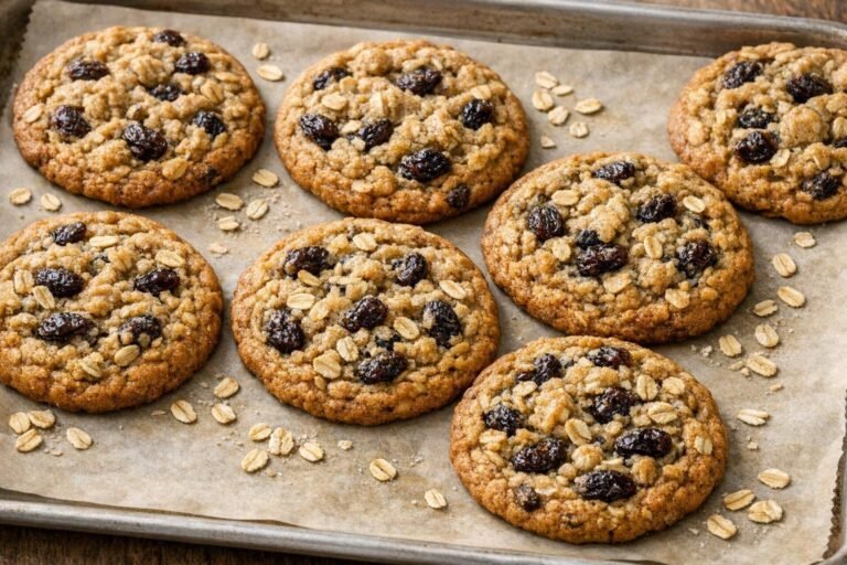 Thick and chewy oatmeal raisin cookies with golden edges and soft centers on parchment paper.