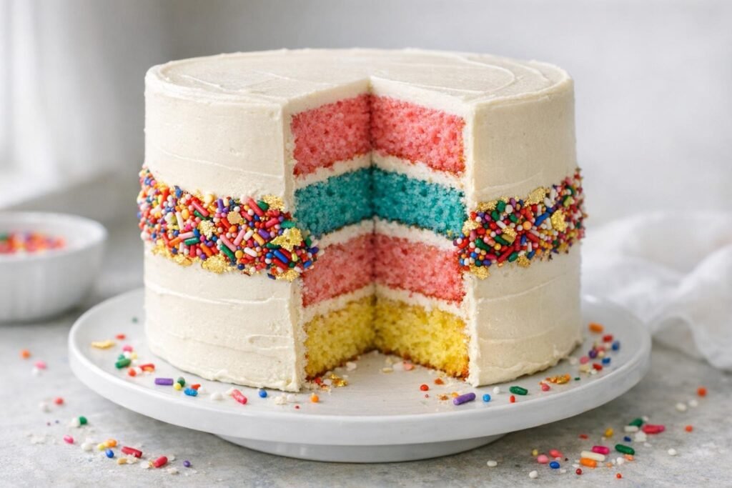 A colorful sprinkle fault line birthday cake with vibrant layers and a dramatic band of rainbow sprinkles on a white cake stand.