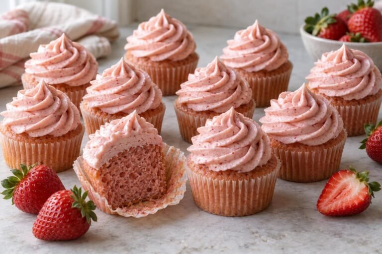 Strawberry cupcakes with soft pink crumb and piped fresh berry frosting