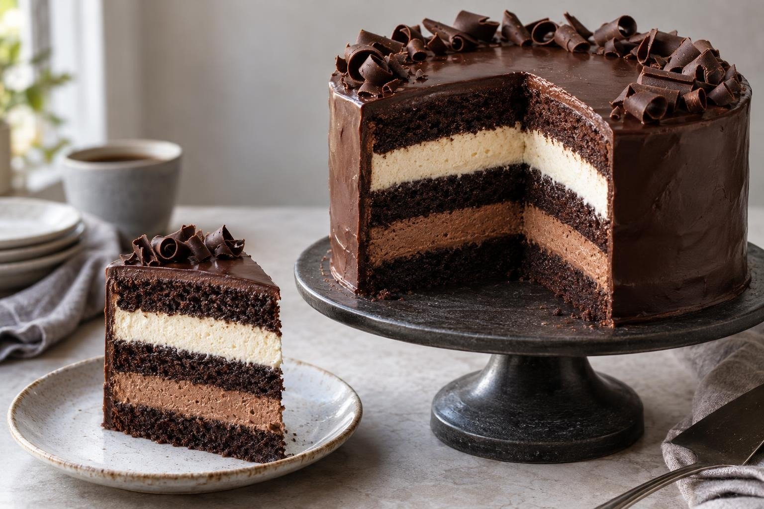 Triple chocolate mousse layer cake with dark cocoa cake, milk and white chocolate mousse, and dark ganache