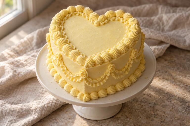 Vintage lemon heart cake with piped yellow buttercream and lemon curd filling
